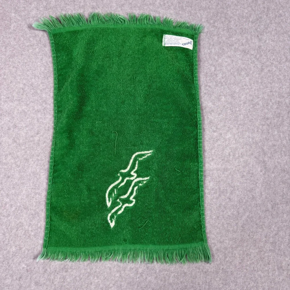 Vintage 70s Ames Green Hand Towel Embroidered Seagulls Fringed USA Made